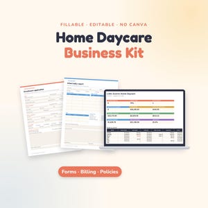 Könnte beinhalten: Ein Home Daycare Business Kit mit ausfüllbaren und bearbeitbaren digitalen Dokumenten. Das Set enthält ein Anmeldeformular, einen täglichen Bericht für Säuglinge und einen Laptop-Bildschirm mit einem Dashboard.