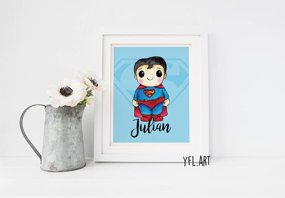 Superman Print Superhero Wall Art Boys Room Decor Cute Superhero Kids Wall Art Watercolor Superheroes 8x10
