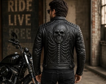 Men's Embossed Skeleton Leather Biker Jacket, Gothic Motorcycle Coat, Black Skull Rider Apparel