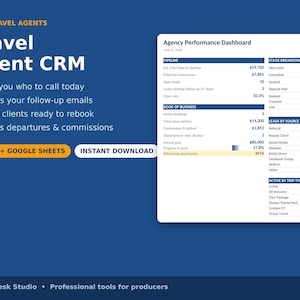 May include: A digital Travel Agent CRM dashboard template for Excel and Google Sheets on a blue background. The text includes For Travel Agents, Travel Agent CRM, and Agency Performance Dashboard with data tables for pipeline, book of business, and trip types.