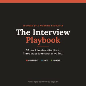 Könnte beinhalten: Ein digitales Dokumentencover mit dem Titel The Interview Playbook Decoded by a Working Recruiter. Es enthält 52 echte Interviewsituationen, drei Antwortmöglichkeiten für alles und drei Kategorien: Confident, Safe, Honest. Ein 63-seitiges PDF.