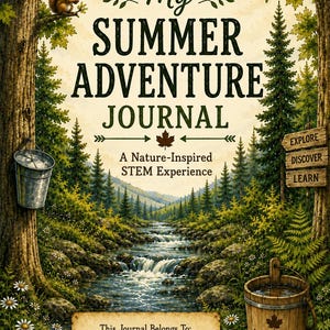 May include: A journal cover titled My Summer Adventure Journal: A Nature-Inspired STEM Experience. The illustration features a forest stream, a squirrel, a metal bucket, a wooden bucket with a maple leaf logo, and signs reading Explore, Discover, Learn.