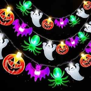 May include: A string of Halloween-themed LED lights featuring translucent orange jack-o'-lanterns, bright green spiders, purple bats, and white ghosts. The decorative light strand is arranged in multiple loops against a solid black background.