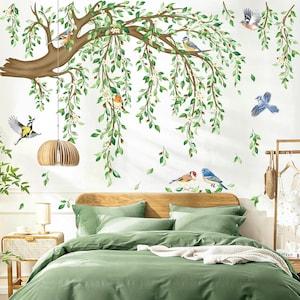May include: A wall decal set featuring a large brown tree branch with green leaves, white blossoms, and various colorful birds in flight and perched. The design includes multiple individual bird and foliage stickers arranged to create a nature scene.