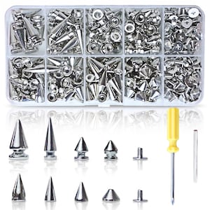 May include: A clear plastic storage container filled with various silver-colored metal cone-shaped spikes and circular screw-back fasteners. Below the container, several individual spikes, screws, and a yellow-handled screwdriver are displayed.