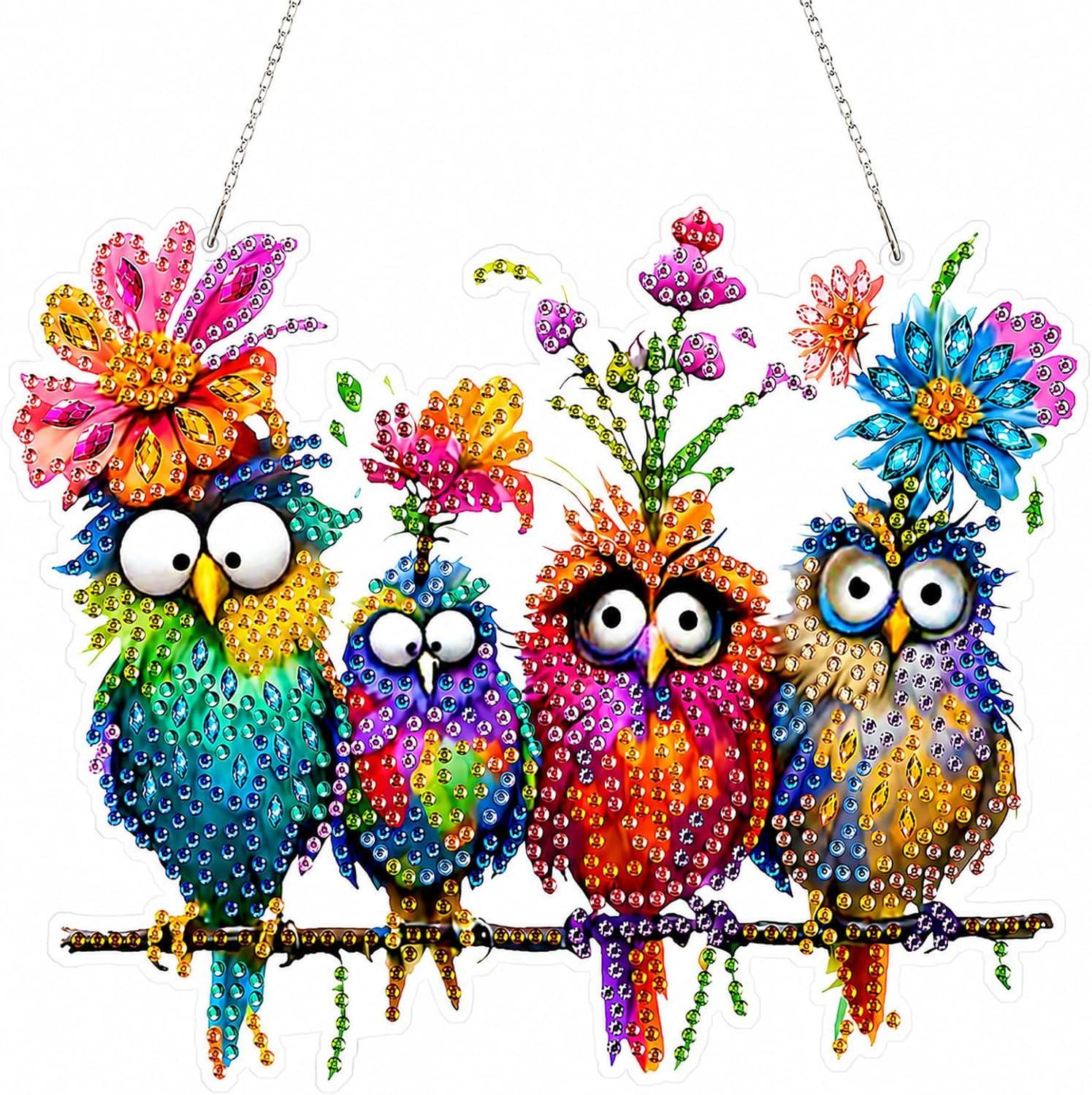 Bird Diamond Art Suncatcher Kit, DIY Acrylic Hanging Ornament, 4 Colorful Birds Diamond Painting, Window Decor & Craft Gift.