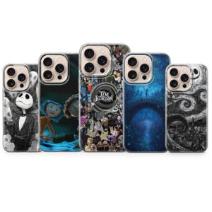May include: Five smartphone cases featuring Tim Burton film imagery. The designs include Jack Skellington, Coraline, a Tim Burton collage with text, a blue bridge scene, and a black and white swirling landscape pattern, all with camera cutouts.