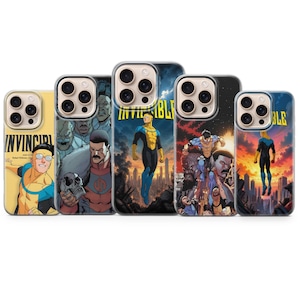 May include: Five clear smartphone cases featuring Invincible comic book artwork. The designs display characters like Invincible and Omni-Man in various action poses against cityscapes and space backgrounds, with the yellow Invincible logo visible.