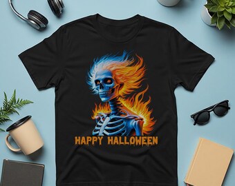 Comfort Colors Happy Halloween Flaming Skeleton Shirt, Spooky Fire Skull Graphic Tee, Horror Fashion Alt Halloween Party Top
