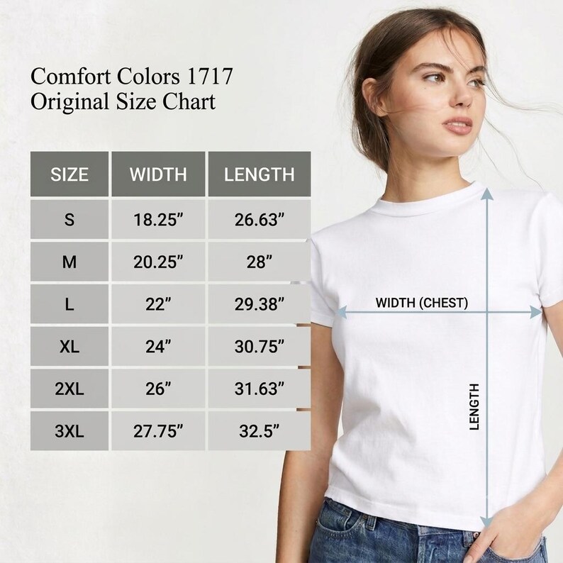 K&ouml;nnte beinhalten: Eine Comfort Colors 1717 Gr&ouml;&szlig;entabelle f&uuml;r ein wei&szlig;es T-Shirt. Die Tabelle listet die Gr&ouml;&szlig;en S bis 3XL mit den entsprechenden Breiten- und L&auml;ngenma&szlig;en in Zoll auf. Ein Diagramm zeigt, wie die Brustbreite und die Gesamtl&auml;nge gemessen werden.