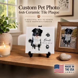 May include: A 6x6 inch white ceramic tile plaque featuring a custom pet photo of a black and white dog, a paw print, a nose print, the name Bindi, and the dates October 20, 2008 - August 16, 2024, displayed on a black plastic stand.