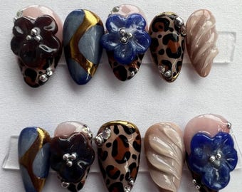 Blue Leopard Floral Press On Nails