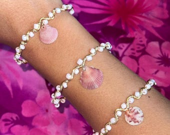 Handmade Seashell Beaded Bracelet | Wire Wrapped Beach Jewelry | Coastal Boho Shell Charm Bracelet | Ocean Inspired Gift for Her