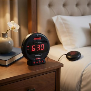 Puede incluir: Un despertador circular negro con una pantalla digital roja que muestra las 6:30 AM. El dispositivo presenta el texto Sonic Bomb en la parte frontal, un botón rojo grande en la parte superior y cuatro botones rojos más pequeños en la base. Incluye un vibrador circular negro con cable.