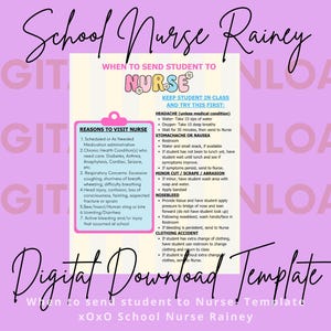 Puede incluir: Una plantilla de descarga digital titulada School Nurse Rainey, que presenta una guía sobre cuándo enviar a un estudiante a la enfermería. El documento incluye un gráfico de portapapeles rosa con razones para la visita y consejos.