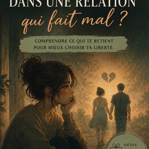 Peut inclure: Une couverture de livre intitulée POURQUOI ON RESTE DANS UNE RELATION qui fait mal ? illustrée par une personne regardant par une fenêtre un couple s'éloignant sous un cœur brisé, avec du texte sur les relations toxiques et la dépendance.