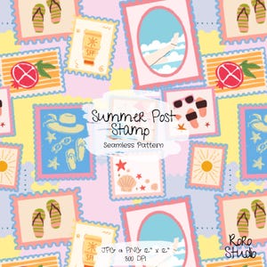 Sömlöst mönster med sommarfrimärken | Digitalt papper för vintagestrandcollage | Scrapbooking med semestertryck | Kustpatchwork