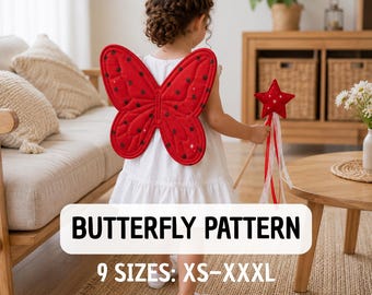 Nähvorlage für Schmetterlings-Feenflügel (PDF), 9 Größen (XS-XXXL), für Neugeborene, Kinder und Erwachsene, Halloween-Kostüm, Verkleidungsflügel