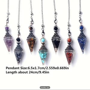 May include: Seven cone-shaped pendants on silver-tone chains, each filled with different colored gemstone chips. The pendants feature ornate metal caps and measure 2.559 x 0.669 inches, with a total length of approximately 9.45 inches.