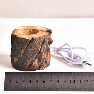 May include: A cylindrical wooden log holder with a natural bark exterior and a hollow center, positioned next to a metal ruler showing a width of approximately 6.5 centimeters. A white USB power cable with a small switch is attached to the side.