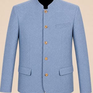 May include: A light blue blazer with a mandarin collar and a black inner lining. The jacket features five round, light brown buttons down the center front, two lower flap pockets, and one single welt pocket on the upper left chest area.