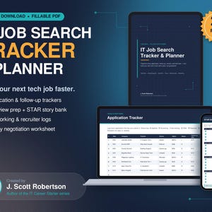 Puede incluir: Un rastreador y planificador digital de búsqueda de empleo en TI de 24 páginas, mostrado en una tableta, portátil y teléfono inteligente. La interfaz incluye rastreadores de solicitudes y hojas de salario. Texto: "IT JOB SEARCH TRACKER & PLANNER".