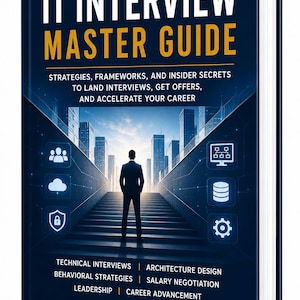 May include: A hardcover book titled The IT Interview Master Guide by J. Scott Robertson. The dark blue cover features a silhouette of a person standing on stairs facing a city skyline, with icons for cloud, security, and data, plus career text.