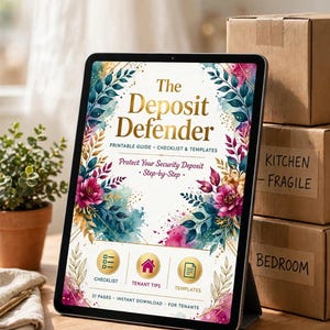 Könnte beinhalten: Ein Tablet zeigt einen digitalen Ratgeber mit dem Titel The Deposit Defender, verziert mit floralen Aquarellillustrationen in Pink, Blau und Gold. Der Bildschirm enthält den Text: Printable Guide, Checklist & Templates, Protect Your Security Deposit, Step-by-Step, 31 Pages, Instant Download, For Tenants sowie Symbole für Checklist, Tenant Tips und Templates.