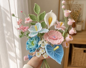 Gehaakt boeket pioenroos, roos, lelie en tulp – gebreide kunstbloemen voor vaas, bruiloftsdecor, jubileum of housewarmingcadeau
