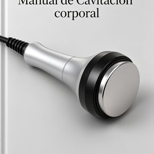 Pode incluir: Um dispositivo de cavitação prateado e preto com uma cabeça metálica circular plana e um cabo preto, posicionado sobre uma superfície cinza claro com o texto preto Manual de Cavitación corporal e o pequeno texto branco Dola AI.