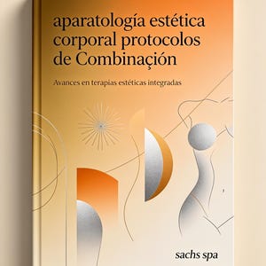 Puede incluir: Un libro de tapa dura con una cubierta en degradado naranja y crema. El título dice "aparatología estética corporal protocolos de Combinación" con el subtítulo "Avances en terapias estéticas integradas". Presenta formas geométricas abstractas y la silueta lineal de un torso humano, con "sachs spa" impreso en la parte inferior.