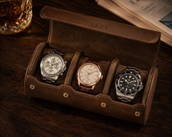 Leather Travel Watch Case for Men, 3 Slot Watch Roll Organizer, Full Grain Watch Travel Box, Personalised Watch Holder, Business Travel Gift