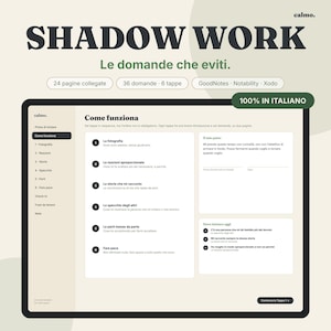 Può includere: Un'interfaccia di agenda digitale intitolata SHADOW WORK, Le domande che eviti. Presenta una barra laterale di navigazione, un elenco centrale di sei tappe tra cui La fotografia e Fare pace, e sezioni per appunti con testo in italiano.