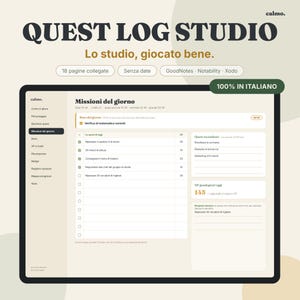 Op de afbeelding: Een digitale quest log planner interface weergegeven op een scherm, met de tekst QUEST LOG STUDIO en Missioni del giorno. De lay-out bevat een navigatiezijbalk, een dagelijkse takenlijst met selectievakjes en secties voor secundaire quests en XP-tracking.