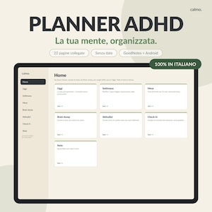 Può includere: Un'interfaccia di pianificatore digitale ADHD visualizzata su uno schermo, con una dashboard che include sezioni per attività giornaliere, settimanali e mensili, brain dump, abitudini e note. Layout beige e nero con etichette di testo in italiano.