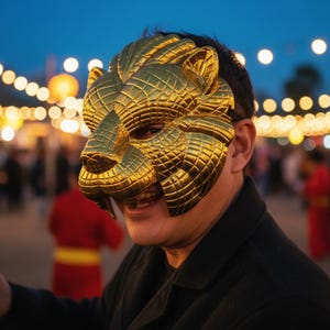 May include: A metallic gold tiger mask with a textured, grid-like surface pattern covering the entire face. The mask features sculpted ears, a prominent snout, and defined facial contours, secured with a black strap around the head.