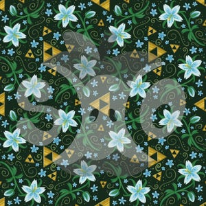 May include: A dark green fabric pattern featuring repeating light blue lily flowers, small blue blossoms, green swirling vines, and gold triangular symbols. The design includes a semi-transparent watermark of a ghost shape overlaid on the centre.