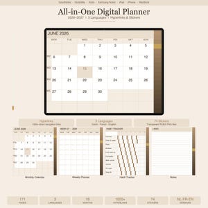 Op de afbeelding: Een alles-in-één digitale planner voor 2026-2027 met een maandkalender voor juni 2026, een weekplanner, een gewoonte-tracker en een gelinieerde notitiepagina. De interface bevat 1000+ hyperlinks, 74 transparante stickers en 171 pagina's.