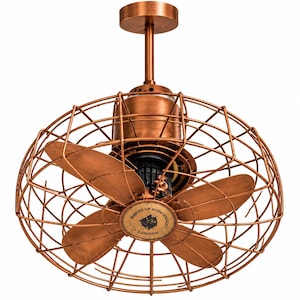 Puede incluir: Un ventilador de techo de color cobre encerrado en una jaula de alambre esférica. El ventilador cuenta con cinco aspas y un emblema circular central con el texto "MAKERS OF ROYAL AERIES LONDON". La unidad está suspendida por una varilla vertical.