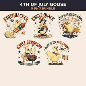 May include: A digital bundle of five illustrations featuring cartoon geese with 4th of July themes. Designs include a goose on a rocket, Uncle Quack, a goose in a lounge chair, a grilling goose, and a goose with an American flag.