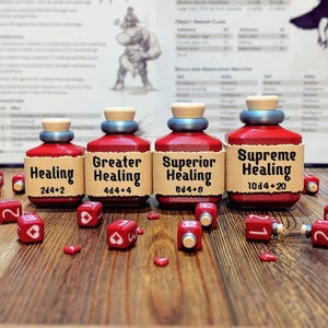 May include: Four red potion bottles with tan labels featuring the text Healing 2d4+2, Greater Healing 4d4+4, Superior Healing 8d4+8, and Supreme Healing 10d4+20. Each bottle has a light tan cork and a blue ring. Small red dice are scattered around.