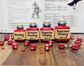 May include: Four red potion bottles with tan labels featuring the text Healing 2d4+2, Greater Healing 4d4+4, Superior Healing 8d4+8, and Supreme Healing 10d4+20. Each bottle has a light blue neck ring and a tan cork, surrounded by small red dice.