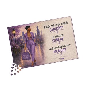 May include: A rectangular jigsaw puzzle featuring a person in a purple suit walking through a city park at dusk. The text reads: kinda chic to be outside SATURDAY in church SUNDAY and handling business MONDAY. XQUISITE REBIRTH XR is printed below.