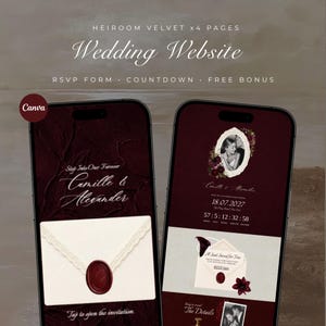 May include: Two smartphones displaying a digital wedding website template with a dark burgundy velvet background. The screens feature elegant white script text, a photo in an oval frame, a countdown timer, and an interactive envelope graphic.