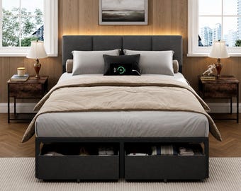 Full Size Upholstered Bed Frame LED Headboard USB Charging Storage Drawers Platform Bed