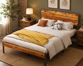 Full Size Metal Bed Frame with Rustic Wood Headboard, Industrial Farmhouse Platform Foundation