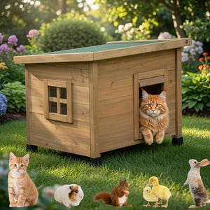 May include: A wooden pet house with a green slanted roof and a small window, featuring an orange tabby cat in the doorway. Below the house are a small orange kitten, a guinea pig, a squirrel, two yellow ducklings, and a standing rabbit.