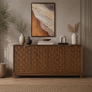 Walnut Fluted Sideboard Buffet Cabinet, Mid Century Coffee Bar Storage Console, Checkerboard Doors Credenza