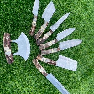 Handmade Stag Horn Chef Knife Set | Ulu & Axe, Leather Roll gift for mother gift for girl gift for him