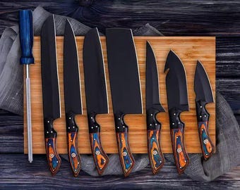 Hand Forged Damascus Steel BBQ Chef Knife Set - 8 Piece Luxury Kitchen Knives Gifr for Wife